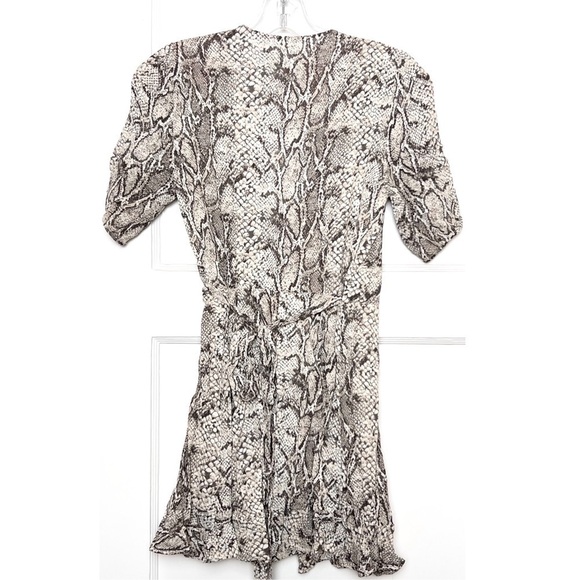 REFORMATION Crepe Snake Print Ruched Short Sleeve V-Neck Wrap Waist Mini Dress S - Picture 5 of 9